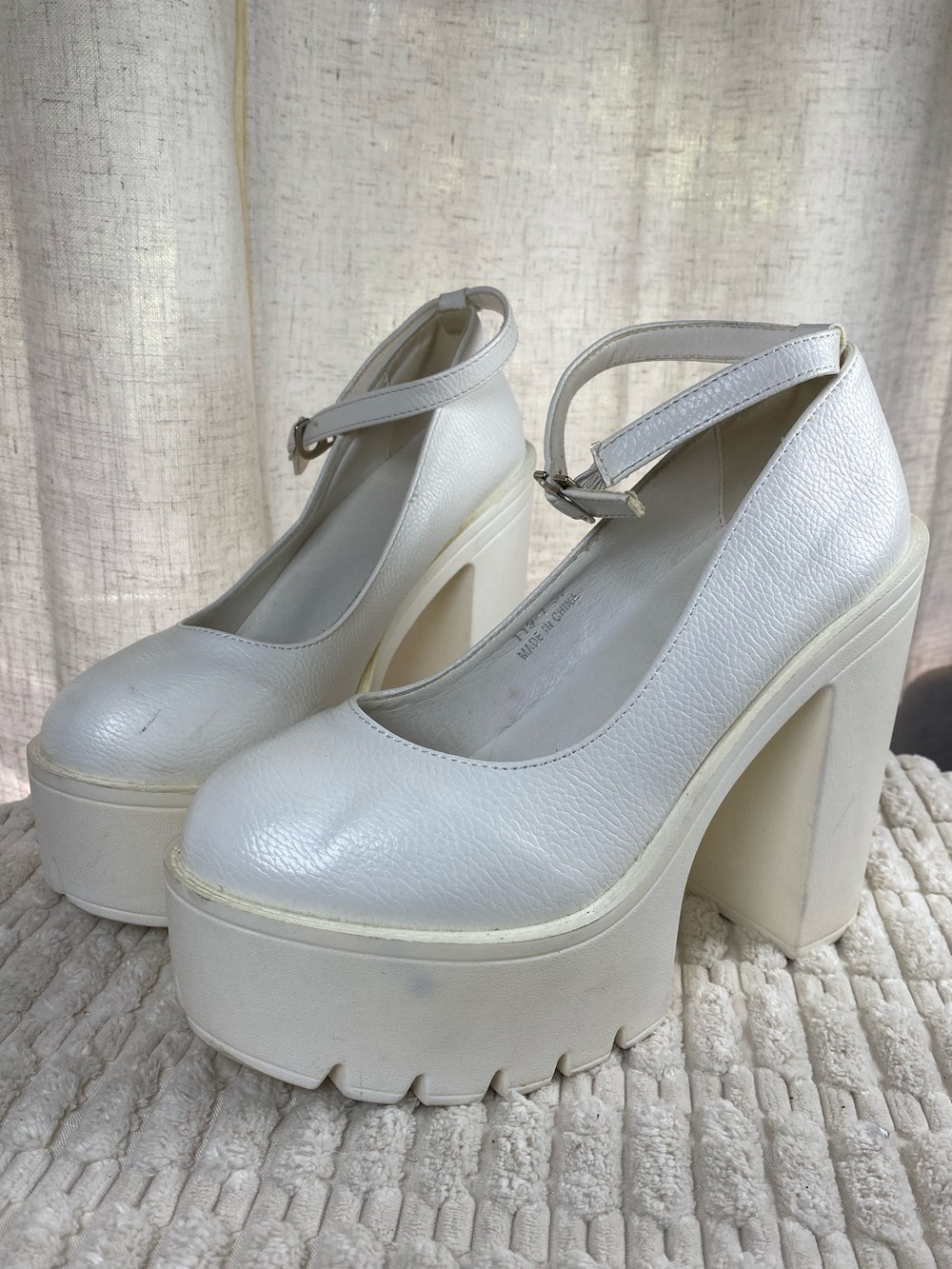 White Mega Platform Mary Jane Block Heel Pumps Lug 37